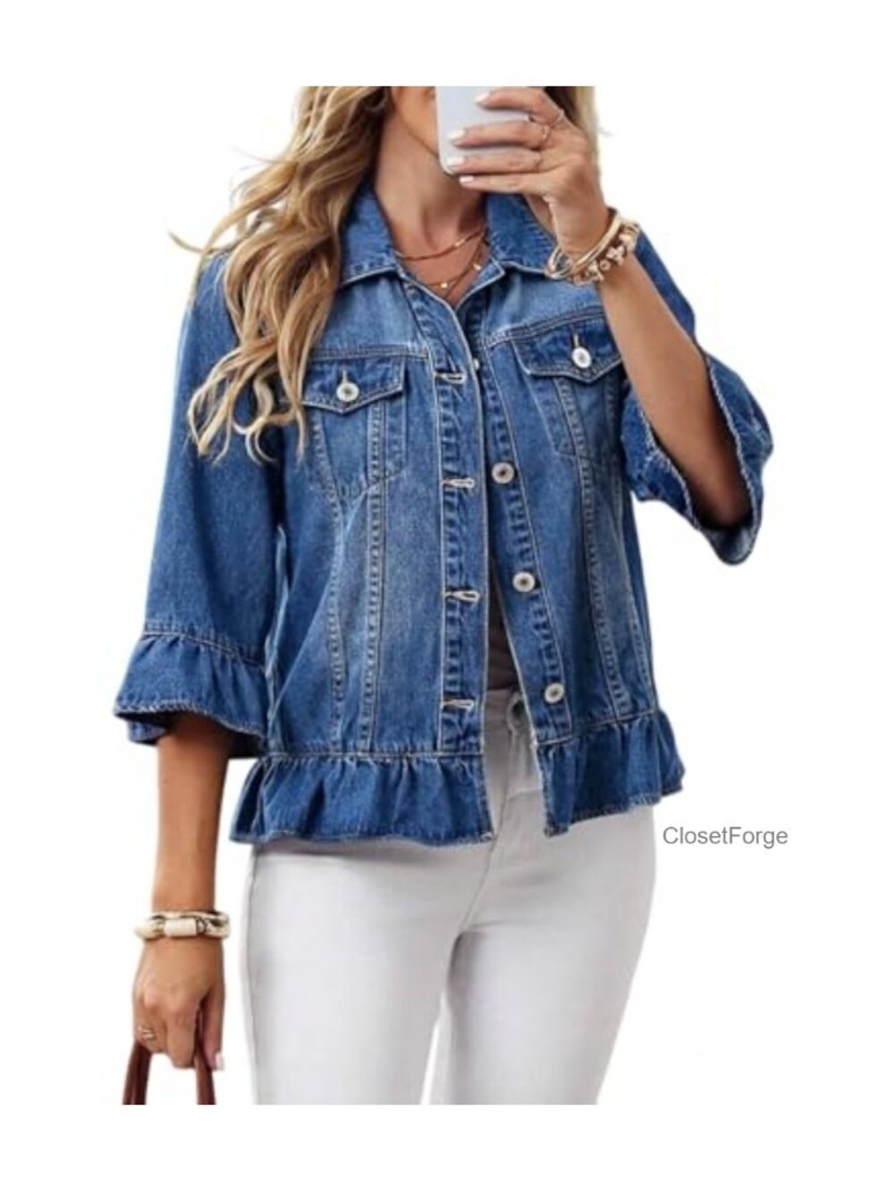 Classic Distressed Trucker Denim Jacket with Pockets Slim Fit
